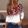 Women's T Shirt Tee Christmas Printed Button 3/4 Sleeve Tunic Daily Weekend Fashion Basic V- Neck Regular Top