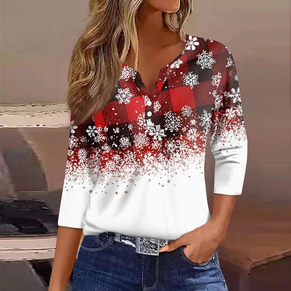 Women's T Shirt Tee Christmas Printed Button 3/4 Sleeve Tunic Daily Weekend Fashion Basic V- Neck Regular Top