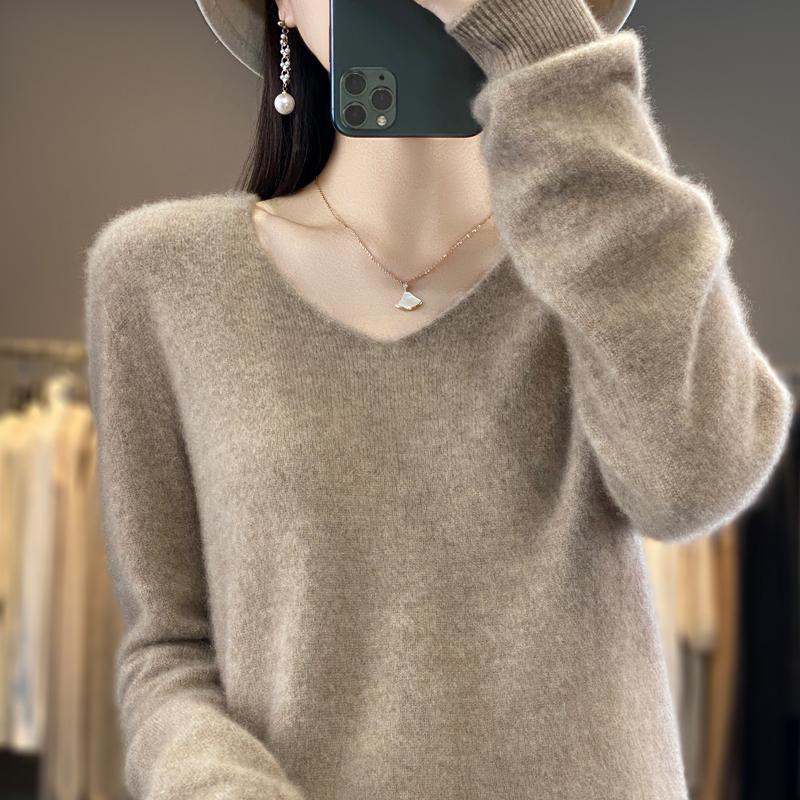 Dámský svetr 100% vlna MODERNÍ NOVINKA SAGA úpletový svetr s výstřihem do V Tenké jarní podzimní svetry Dámské pletené topy