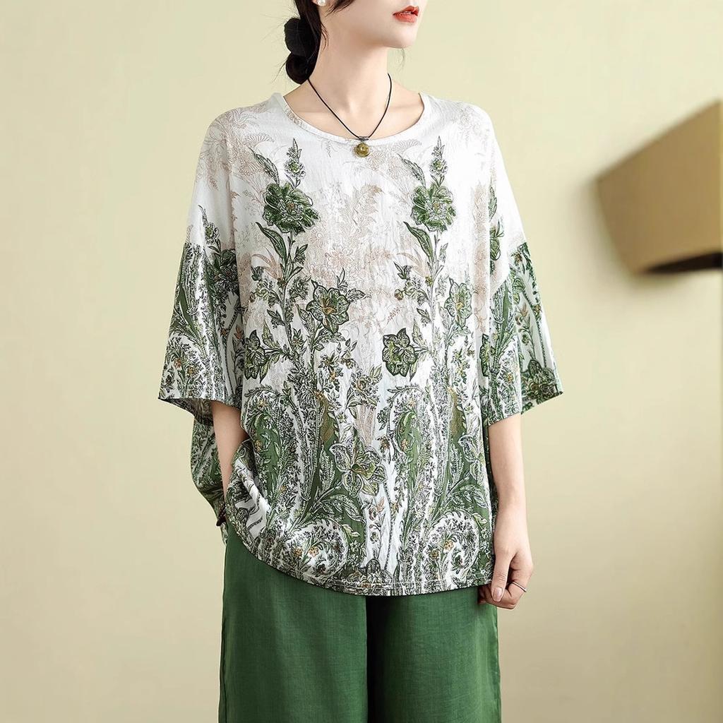 New Cotton and Linen Women's Large-size Summer Retro Casual Loose Top T-shirt for Women