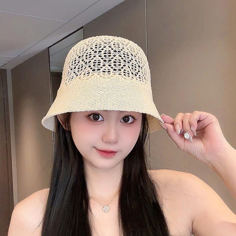 Striped Straw Woven Hollow Fisherman Hat for Women Korean Style Wide Brim Cover Face Sun Protection Hat for Spring and Summer Travel UV Bucket Hat