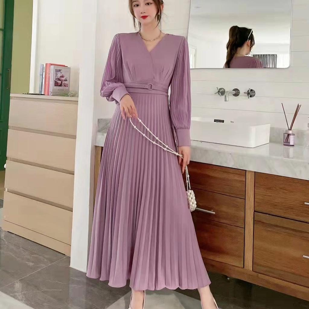 LYRIA Women Slim Pleated Maxi Dress with Belt Female Streetwear Vintage Dress Tie Front Dress  Robe