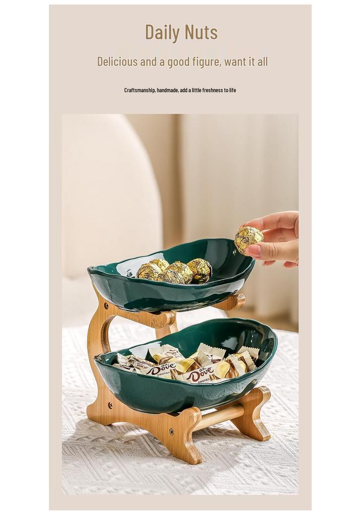 Bamboo & Wood Multi-layer Fruit Bowl and Pastry Plate - Creative Double-layer Ceramic Snack Holder for Home.