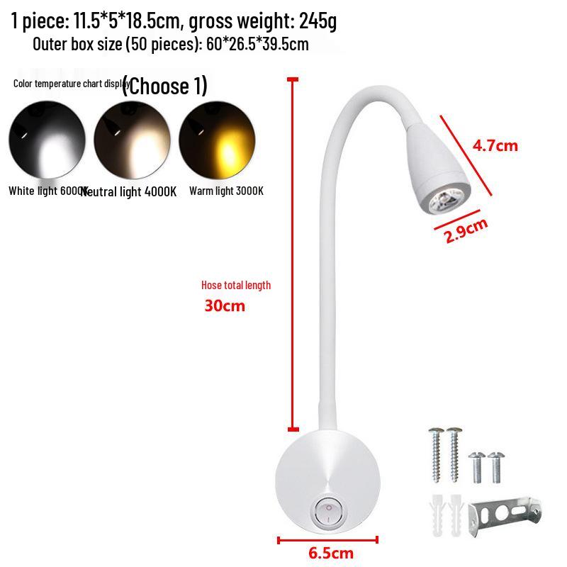 3W LED Gooseneck Reading Lamp, Wall-Mounted Bedside Spotlight
