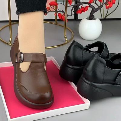 Leather Wedge Single Shoes Women's Spring Cowhide Versatile Solid Color Middle-aged and Elderly Leather Shoes Retro Round Head Platform Women's Shoes