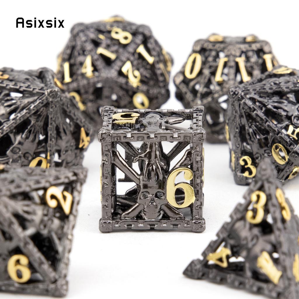 7 Pcs Black Golden Hand Skull Head Metal Dice Hollow Polyhedral Dice Set Suitable for Role-Playing RPG  Board Game Card Game