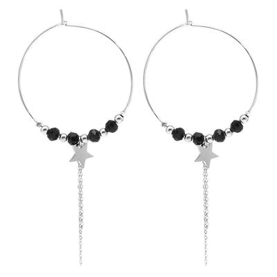 [Q2592] - Brincos de argola de designer em aço 'Boho' preto prateado (estrela) - 35 mm - 8 mm