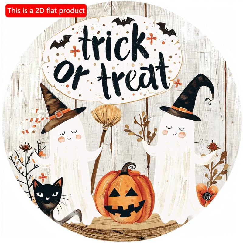 2d Flat 20*20cm, Halloween Home Decoration, Halloween Pumpkin, Black Cat and Ghost, "trick or Treat" Wooden Circular Logo, for Home, Garden, Kitchen