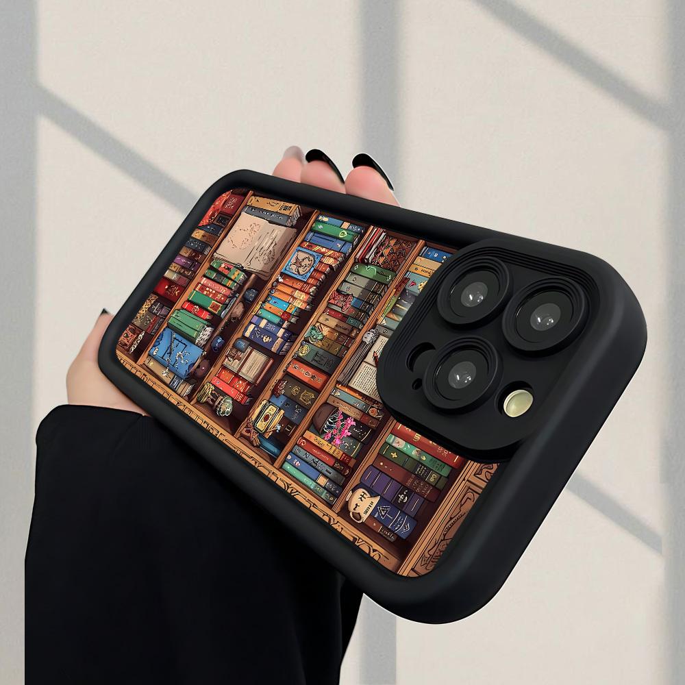 Creative Bookshelf and Book Pattern Phone Case for iPhone 16 15 14 13 12 11 Pro/ Max/Plus Anti-fall and Shock