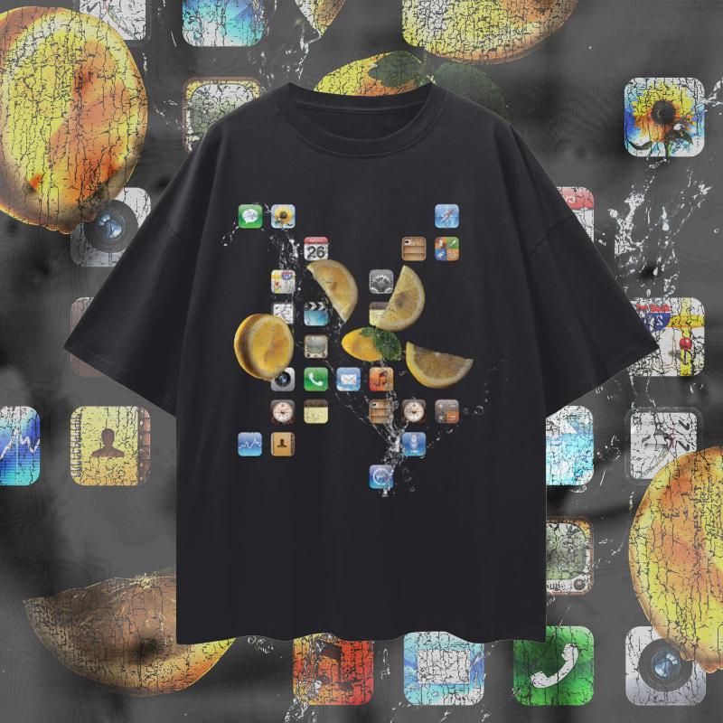 Classic Icon Tshirt Oversized Y2K Fruit Splash Aesthetic Tshirt Pure Cotton Men and Women Loose Fit Retro Technology Style