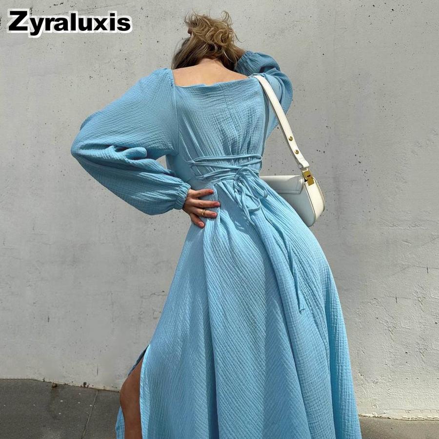 New Autumn Sexy Slit Dress for Women, Long Wrinkle Fabric Midi Skirt Female French Style Long Sleeve Square Neck Dress