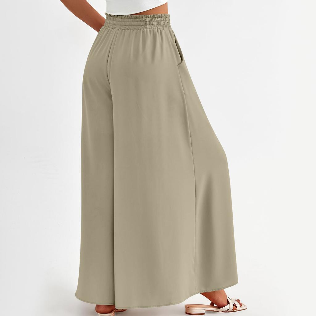 Women High Waisted Wide Leg Pants Summer Casual Flowy Palazzo Pants Beach Trousers With Pocket