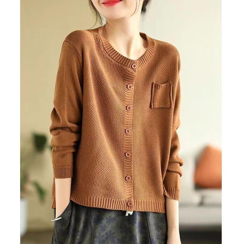 Women's Retro Knit Cotton Cardigan: Round Neck, Long Sleeve, Autumn Casual Short Sweater.