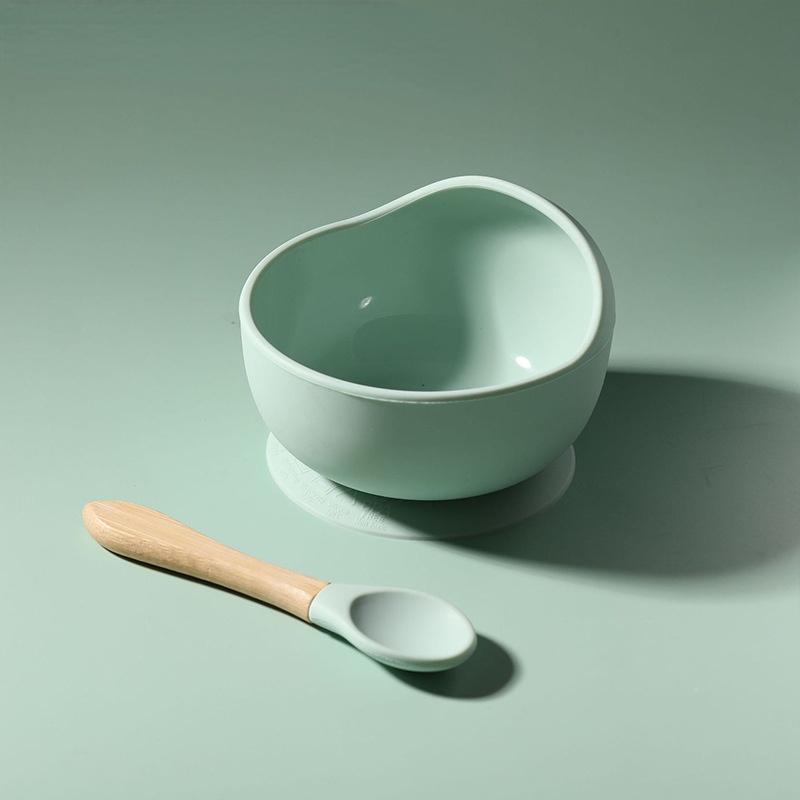 Children Lunch Silicone Tableware Baby Bowl Spoon Wooden Handle Silicone Spoon Cup Bowl Baby Silicone Bowl Lunch Feeding