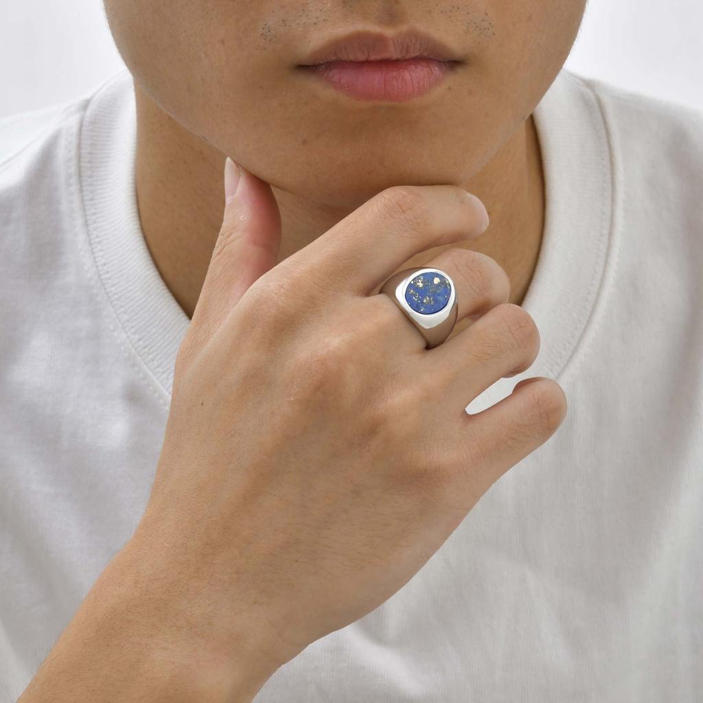 High Quality Round Natural Stone Chunky Ring, Fashion Blue Stone Stainless Steel Signet Ring for Men, Waterproof Classic Jewelry