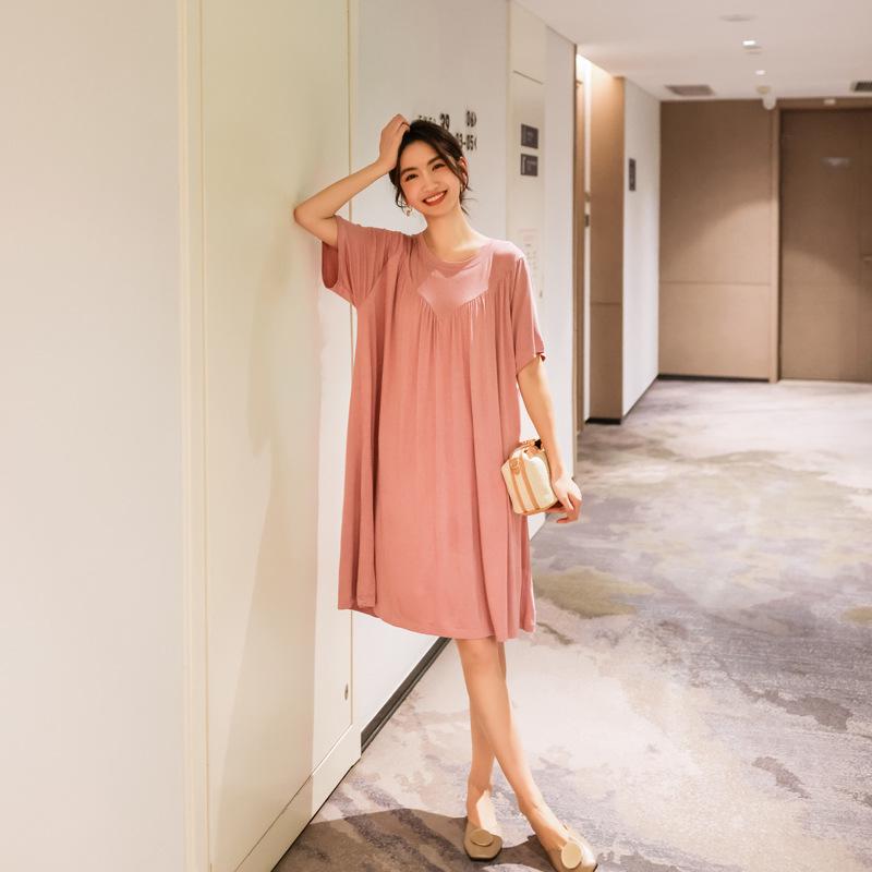 Plus Size Summer Modal Nightdress: Loose, Short-Sleeve V-Neck Pleated Long Home Dress