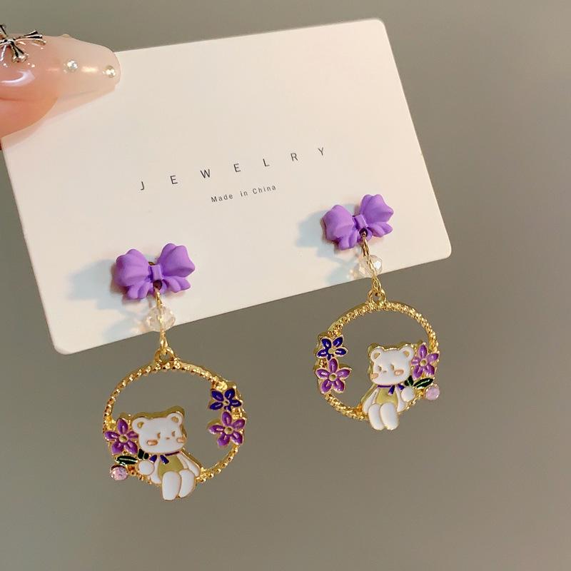 Purple Flower Fairy Bear Bow Earrings - S925 Silver Studs