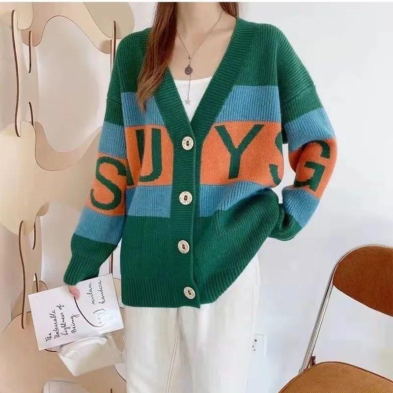 Fashionable Knitted Cardigan for Women Artistic Color-blocked Letter Sweater Cardigan Korean-style Loose Top Outerwear