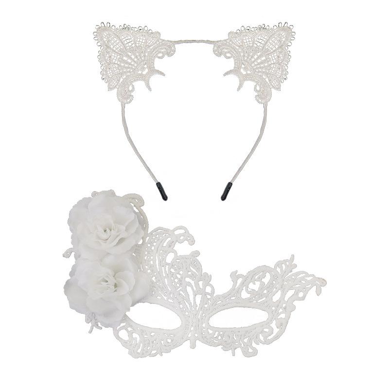 Halloween Masquerade Lace Eye Mask & Cat Ear Headband Set
