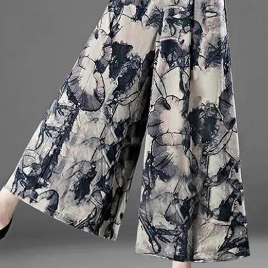 Pantalones de falda para mujer, estampado retro, pierna ancha, sueltos, elásticos, cintura alta, entrepierna profunda, falda falsa de una línea, longitud del tobillo, pantalones novenos, pantalones para madre de mujer de mediana edad
