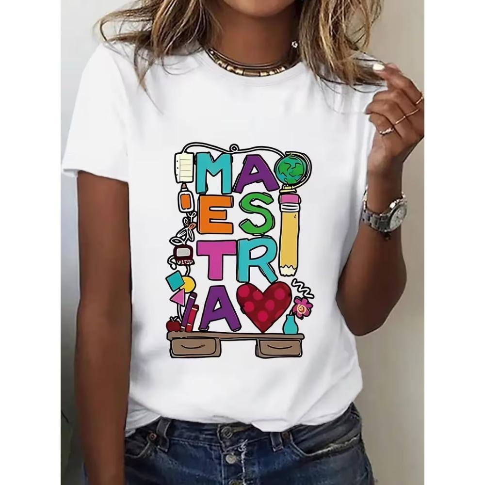 Letter Teacher Rainbow Graphic T-Shirt Women’s Crew Neck Short Sleeve Pencil Apple Print Soft Comfortable Top