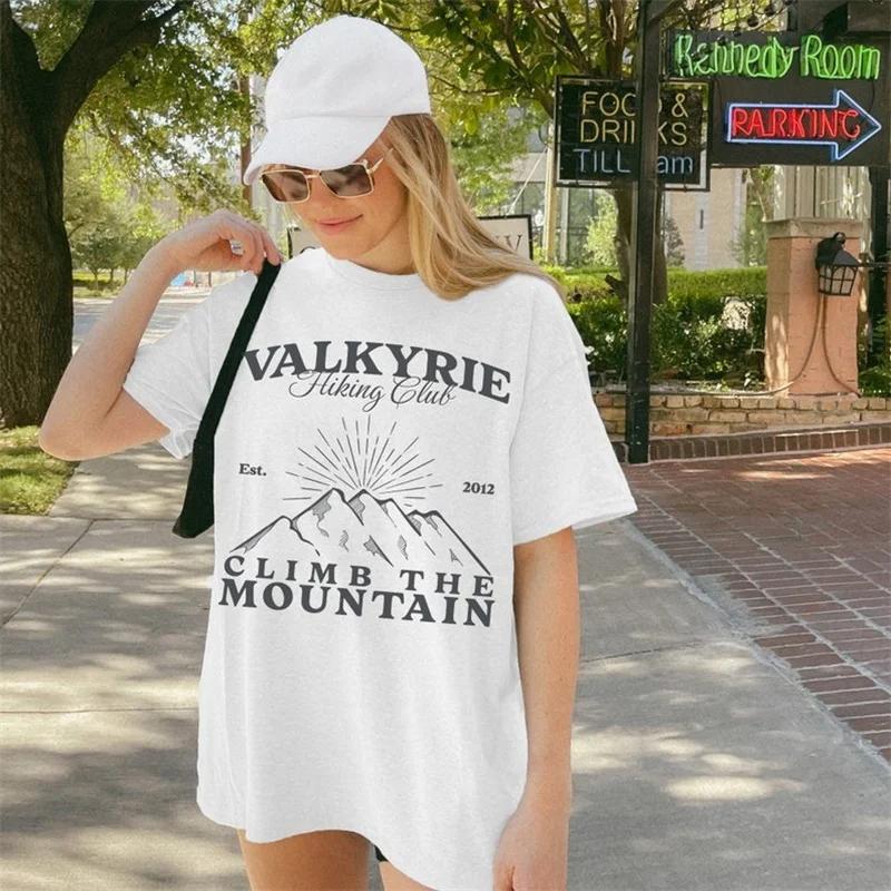 Simple retro printed mountain pattern cartoon style street Womens round neck clothing Tshirt Womens summer trend Tshirt S