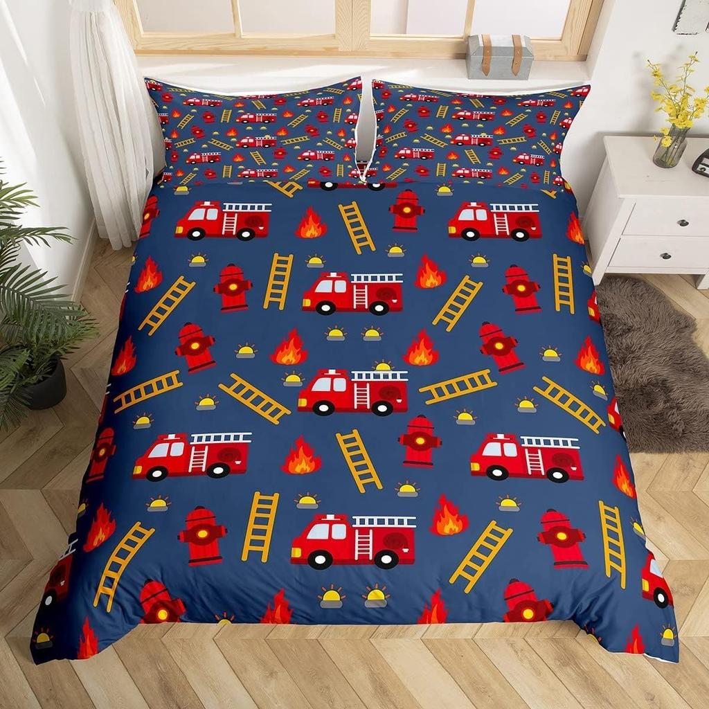 Comforter Fire Truck For Kids Boys Fire Engine Vehicle Extinguisher Fire Hydrant Print Bedding Set Microfiber Twin
