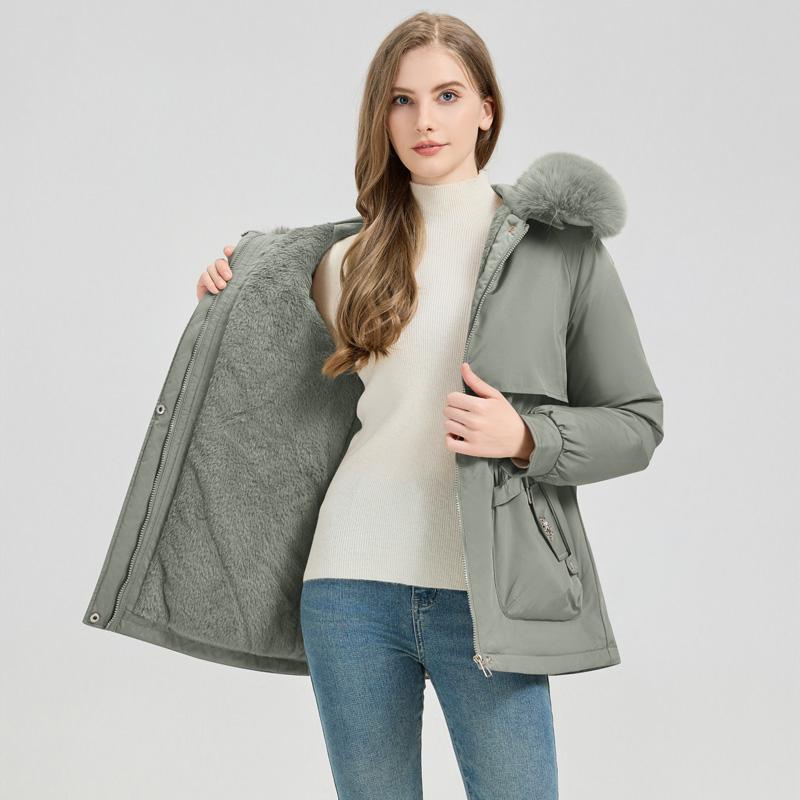 Herbst- und Wintermode Parkas in mittlerer bis langer Länge, warm und dick gefüttert, Samt, einfarbig
