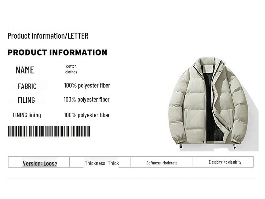 Unisex Cotton Padded Stand Collar Bread Coat - Autumn/Winter Casual Solid Color Jacket