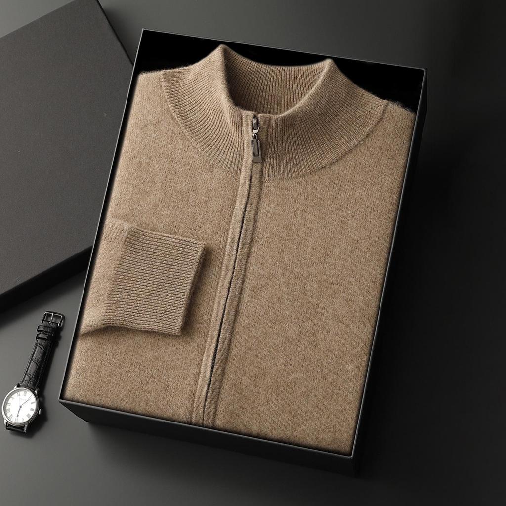 Siping Men's Thick Cashmere Cardigan, Zipper Stand Collar, Warm Knit Outerwear, Business Casual Wool Sweater