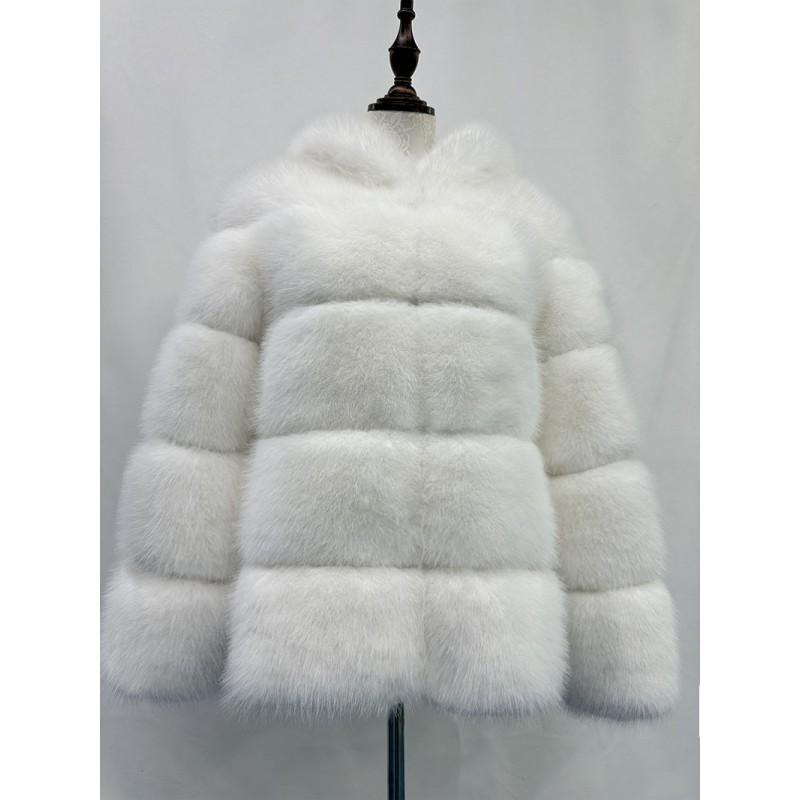 Womens Faux Fur Hooded Coat Winter Warm Casual Streetwear Jacket With Patchwork Design