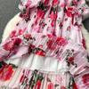 Women Sweet V Neck Lantern Sleeve Vintage Print French Style Slim Fit Chiffon Dresses Dresh Pleated Big Swing Robe Dress
