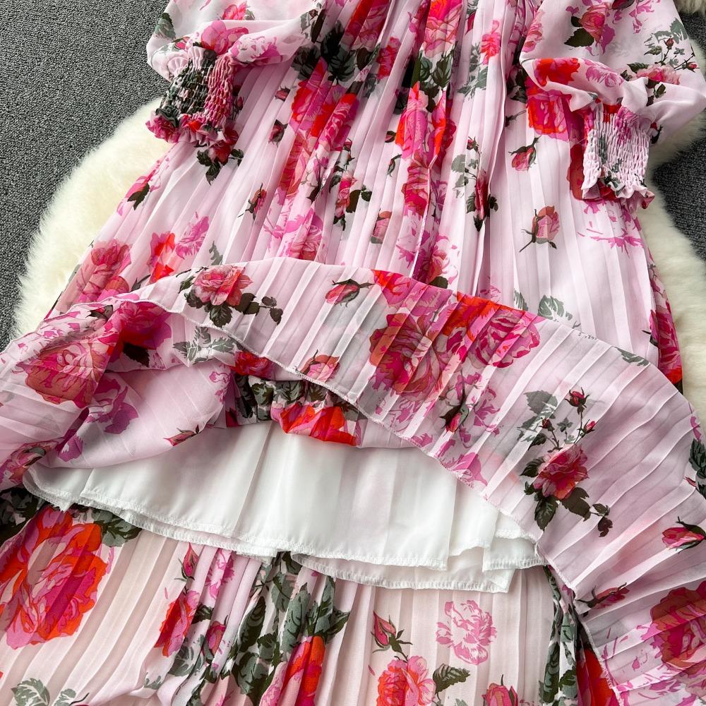 Kobiety słodkie dekolt w serek latarnia rękaw vintage print francuski styl slim fit szyfonowe sukienki dresowe plisowane duży rozkloszowany szlafrok sukienka