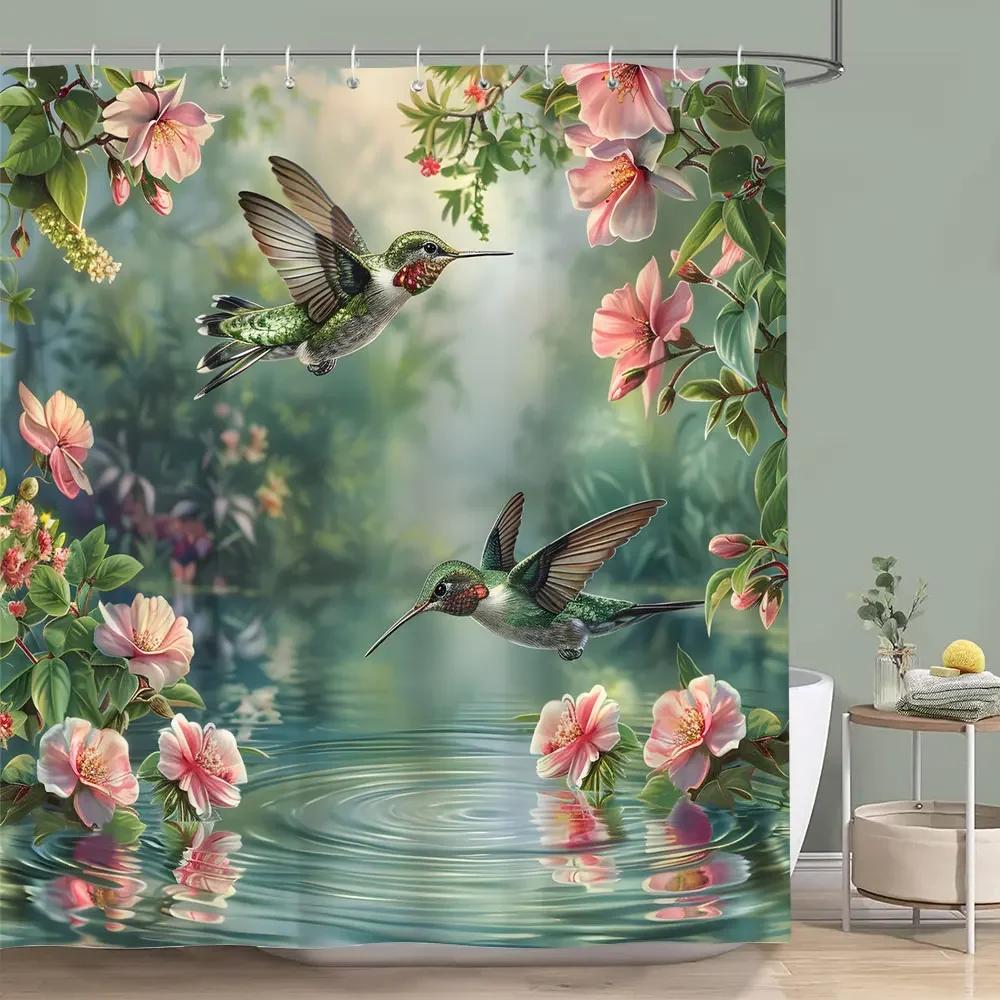 Beautiful Hummingbird Floral Shower Curtain Butterfly Flower Botanical Watercolour Print Polyester Shower Curtain Bathroom Decor