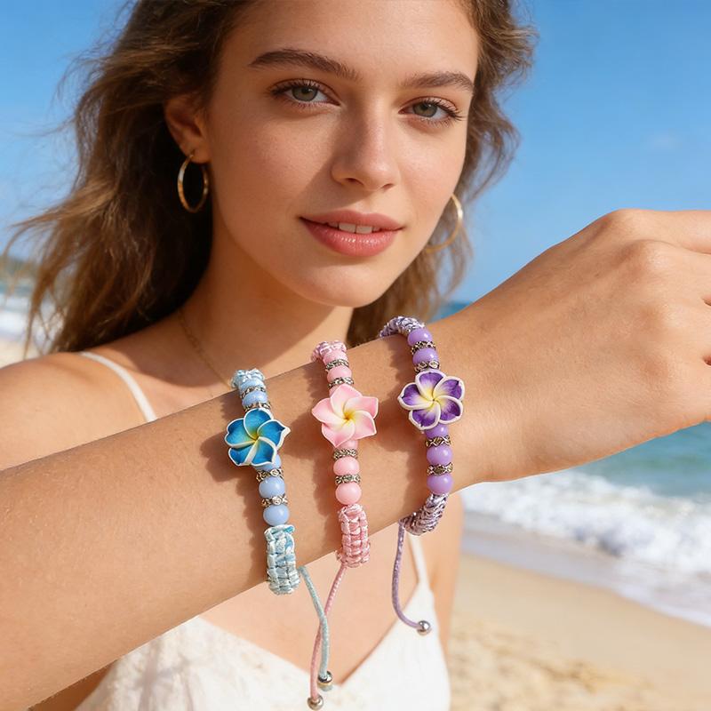5pcs Hawaiian Plumeria Flower Beaded Bracelets Luau Summer Beach Party Gift Aloha Tropical Birthday Decoration Bohemian Wedding