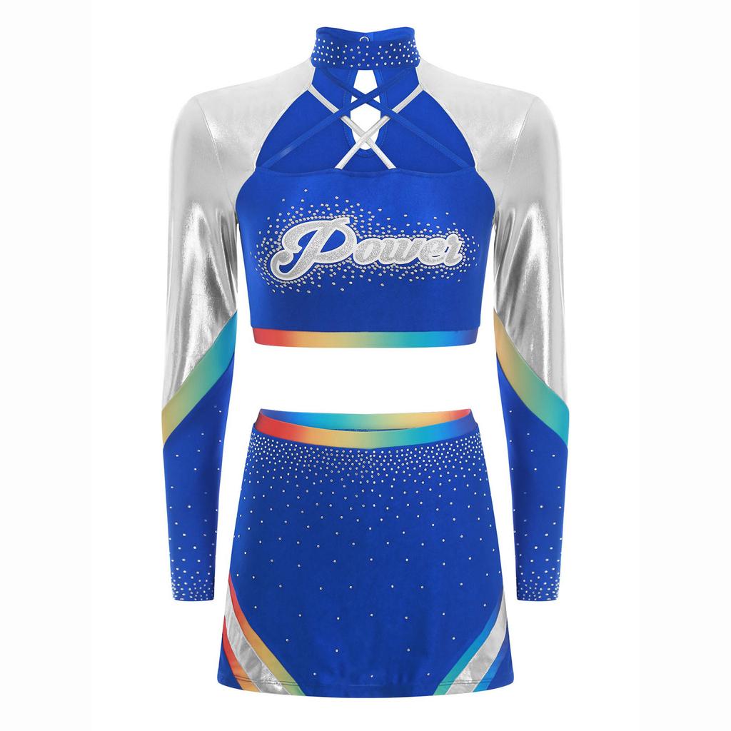 Dámská roztleskávačská uniforma Dvoudílný set Crop top s dlouhým rukávem a kříženými ramínky Taneční sukně Kamínkový výkonnostní outfit