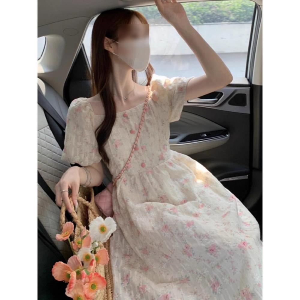 Bubble sleeve French gentle wind blue floral dress new high-end temperament waist fairy first love long dress