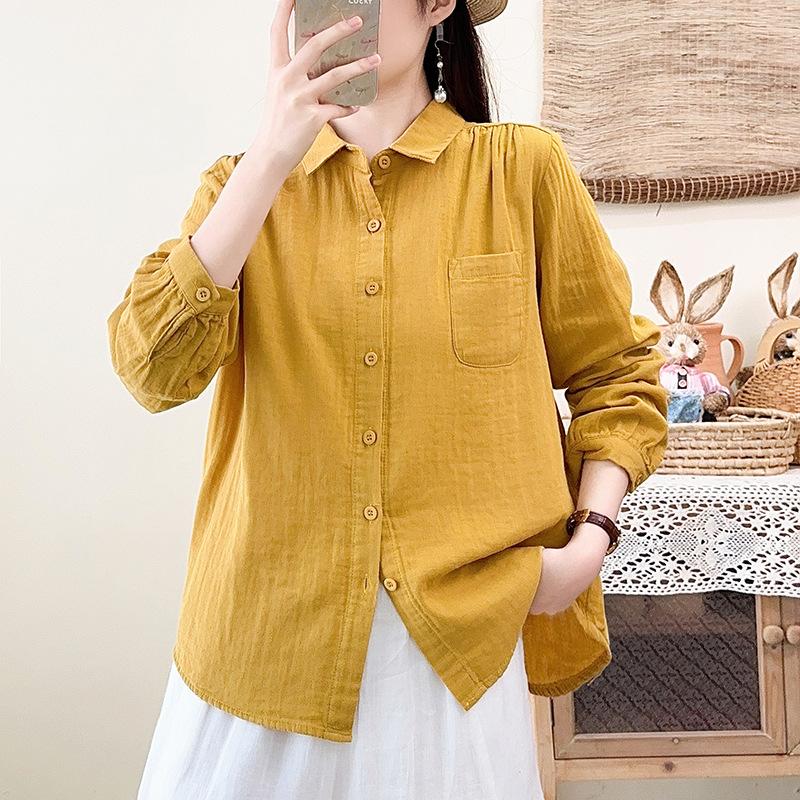 Literary and casual style double-layer cotton yarn pure cotton shirt spring and autumn new Japanese simple retro versatile long-sleeved shirt women