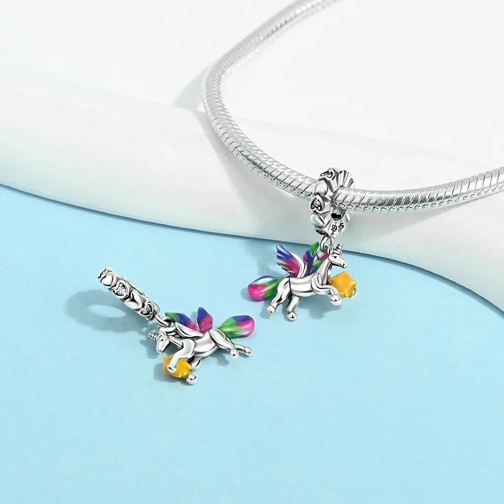 Exquisite Pink Color Charms Beads Copper Cute Girl Wonderland Unicorn Colour Heart Shape Pendant Fit Bangle Bracelet Jewelry