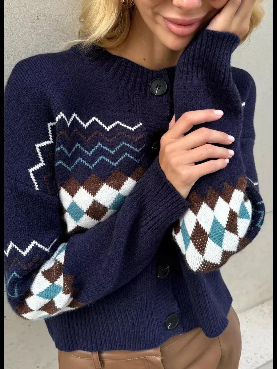 

Жаккардовый вязаный кардиган-свитер с ромбовидным узором, новый женский ленивый и универсальный модный топ с длинными рукавами XL темно-синий