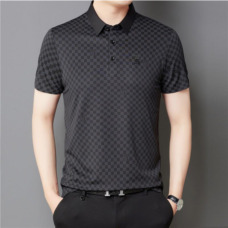 Seamless Polo Shirt Men's TikTok Same Style Summer Lapels Plaid Middle-Aged Fashion Fashion Short Sleeve Polo Shirt