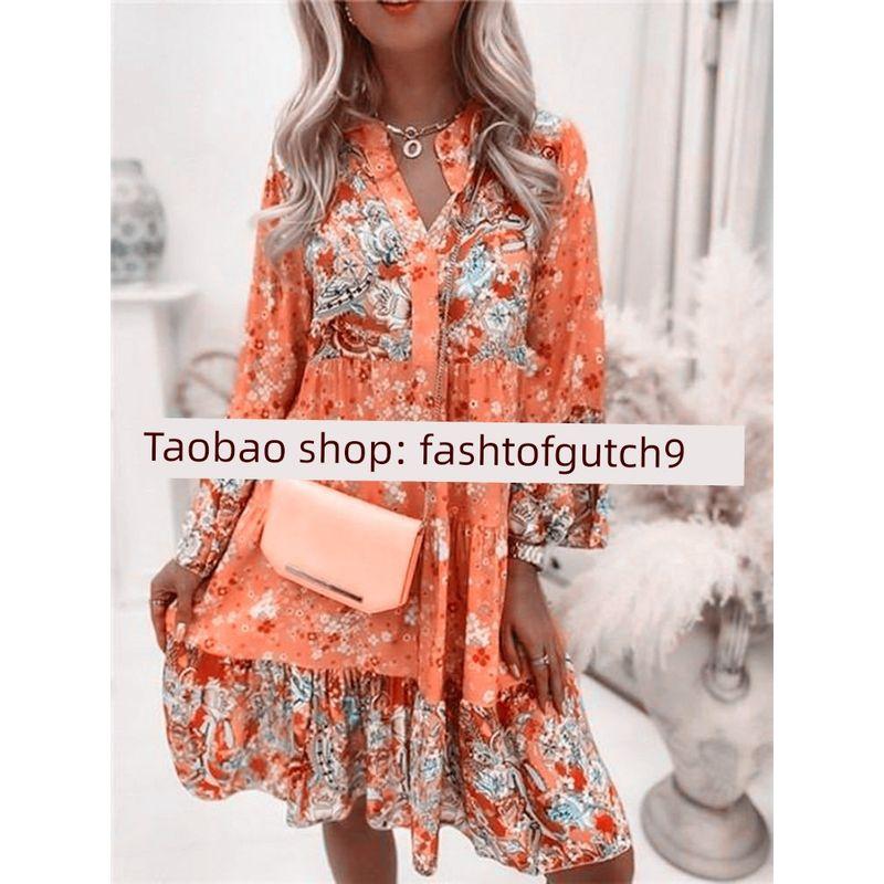 

2024 Printed Splicing Short Skirt Layered Mini Dress Orange XL