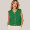 Damen V-Ausschnitt Ärmellose Strickweste mit Taschen Drei-Knopf Cardigan