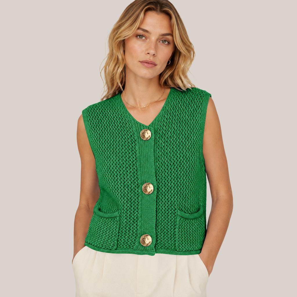 Damen V-Ausschnitt Ärmellose Strickweste mit Taschen Drei-Knopf Cardigan