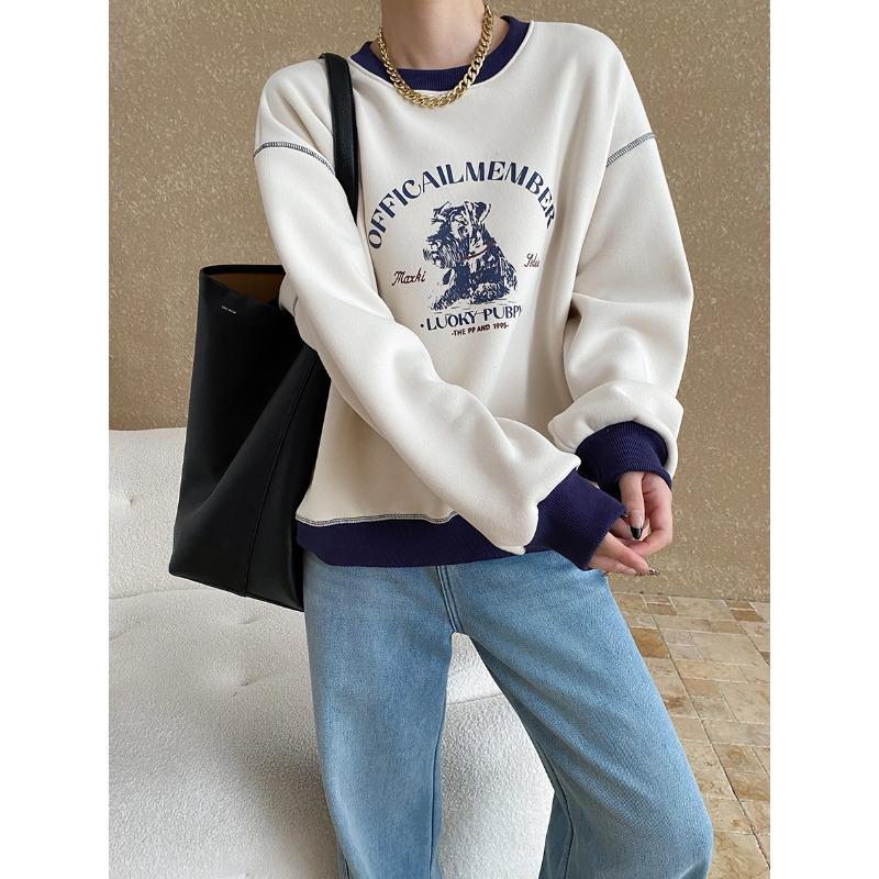 

Синан Контрастный цветной принт с изображением собаки, свободный крой, круглый вырез, рукава с заниженной линией плеча, плюс бархат (Модель SN6777) One Size