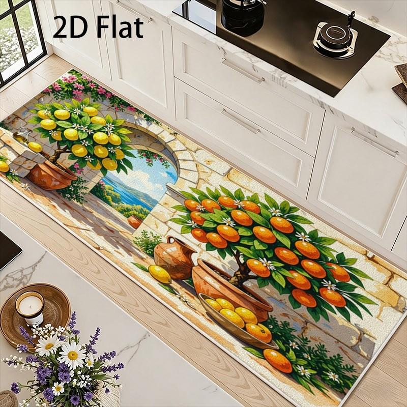 Mediterranean Orange Lemon Tree Kitchen Runner Mat Anti Slip Absorbent Rug Fruit Scenery Carpet for Sink Cooking Laundry Room