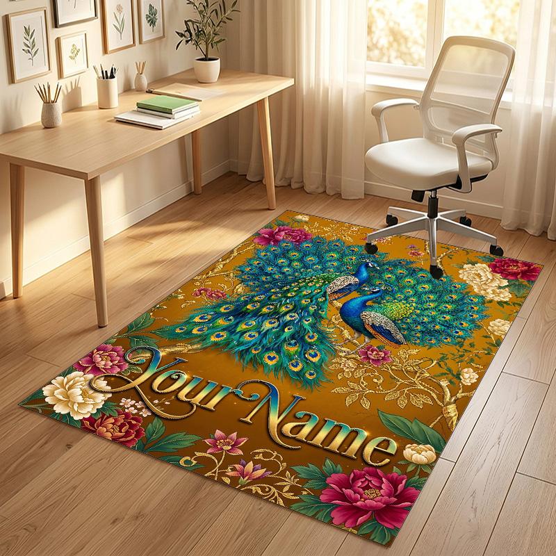 Peacock Floral Theme Soft Crystal Velvet Rug Custom Name & Text Print Non Slip Floor Rug for Bedroom Living Room