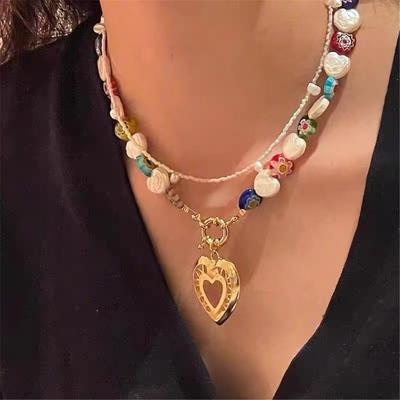 Tooxika Skeleton Love Heart Pearl Lurex Small Flower Necklace Niche Beading Personality Temperament Collarbone Chain