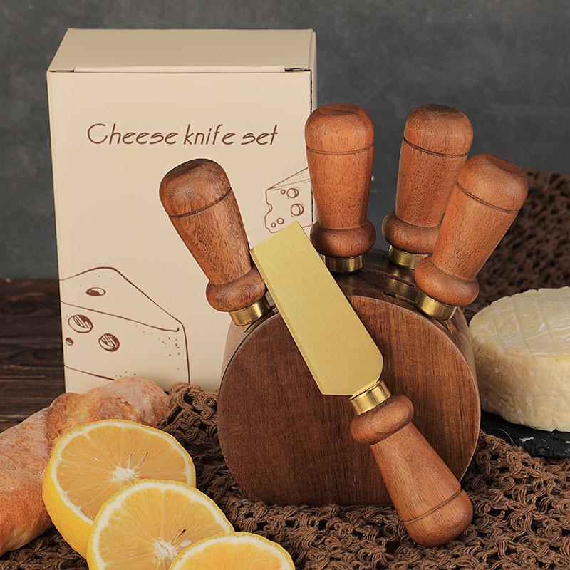 Acacia Wood Cheese Knife Set: Stainless Steel Knife, Fork, and Spatula with Storage Base