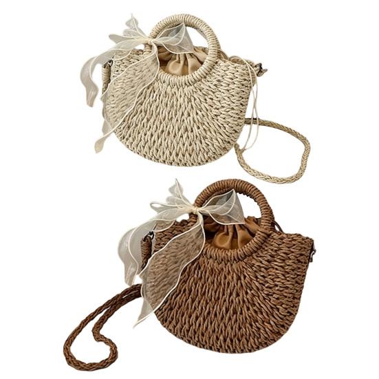 Straw Woven Handbag Boho Small Crossbody Purse with Detachable Strap Round Top Handles Summer